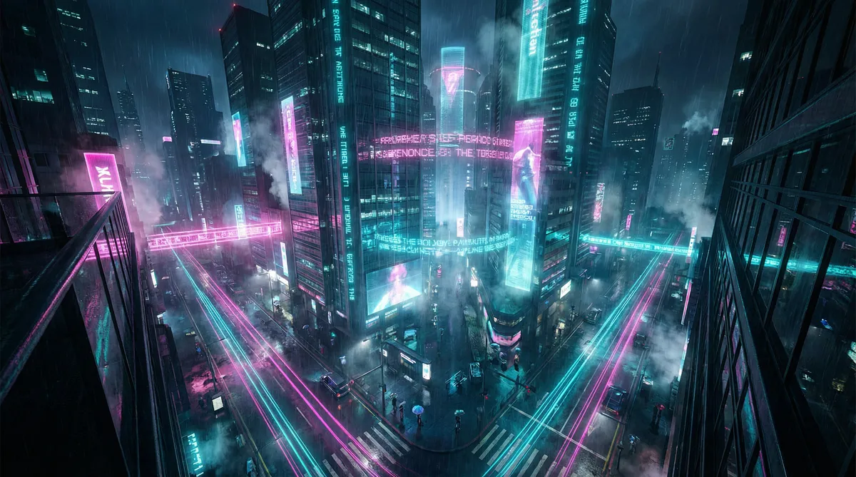 97就去吻 竖屏短剧平台首页背景 - 赛博朋克都市夜景